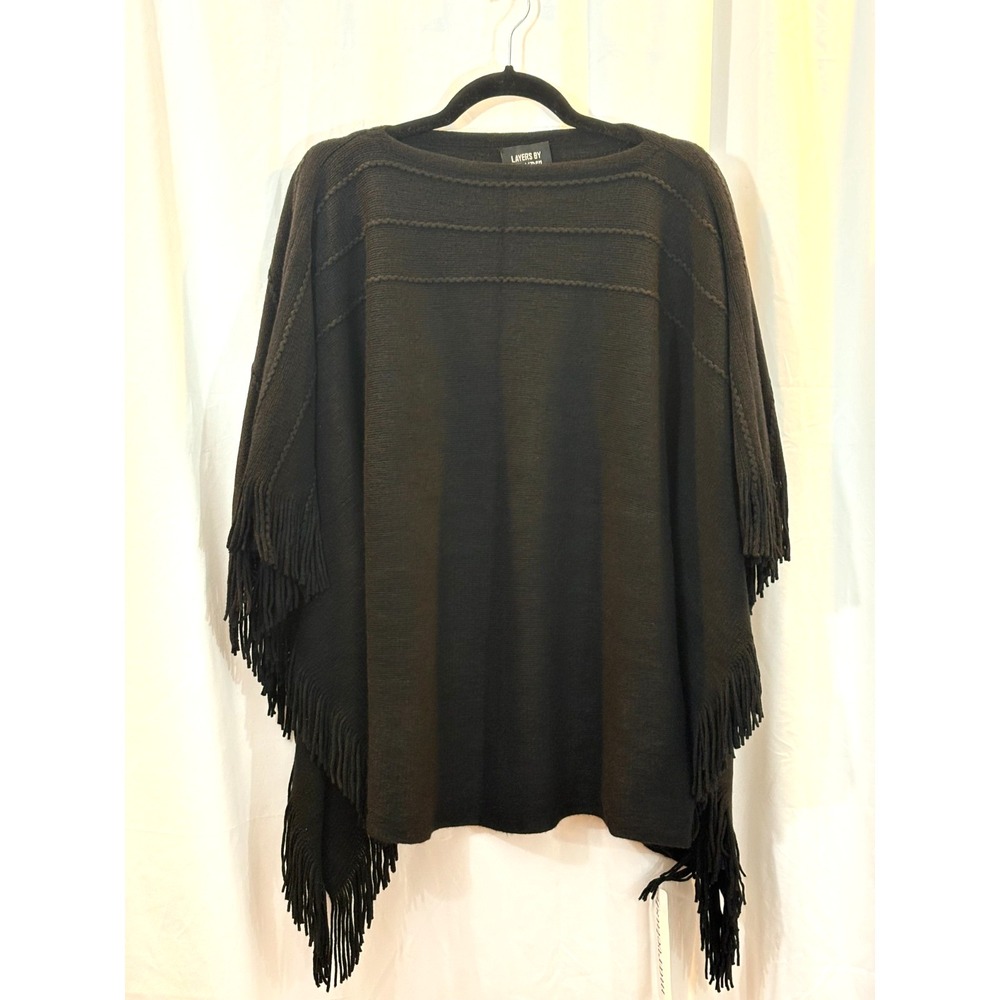Layers by Lizden Black Marvelush Cable Knit Fringed Poncho, One Size‎ Fits All